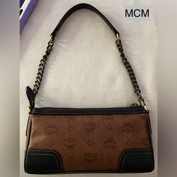 MCM Handbag Brown Black Leather Satchel Visetos Chain Strap Zip Clutch Purse - Picture 6 of 14